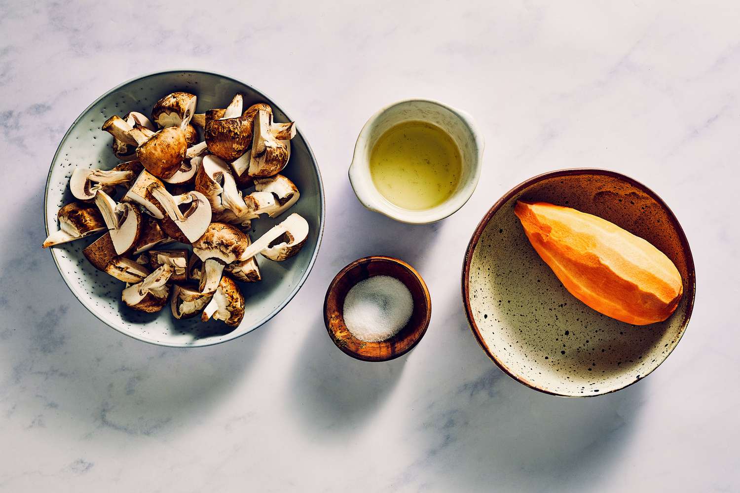 Ingredients to make roasted mushrooms and roasted sweet potatoes