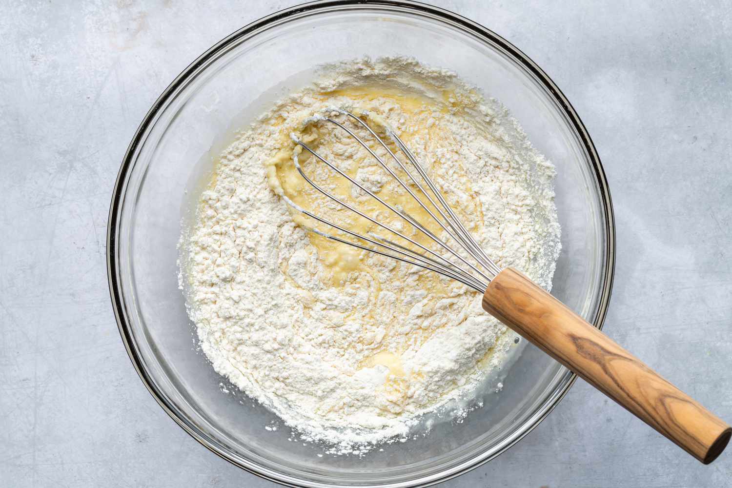 Flour added to the milk-egg mixture