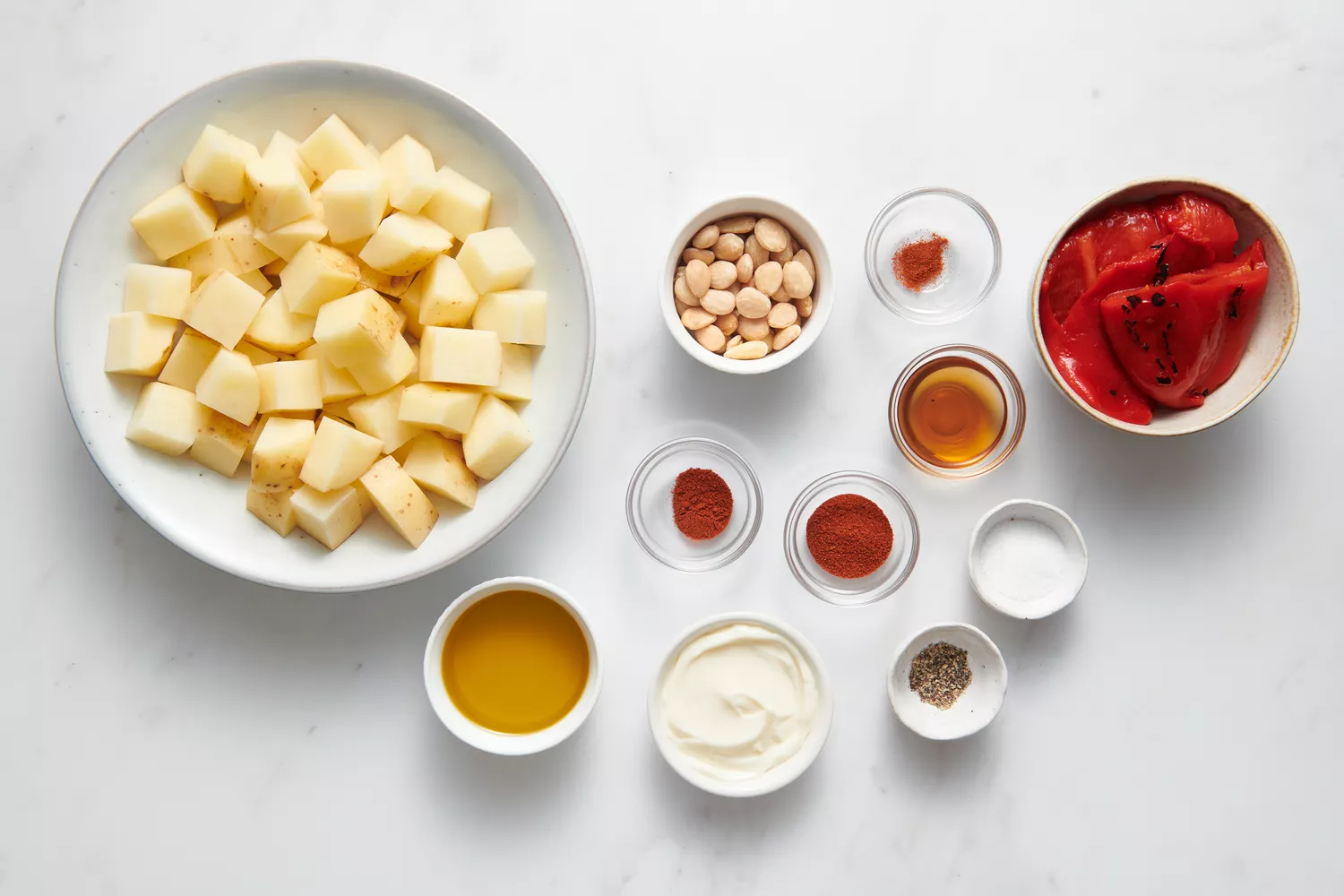 Ingredients to make air fryer patatas bravas with romesco sauce