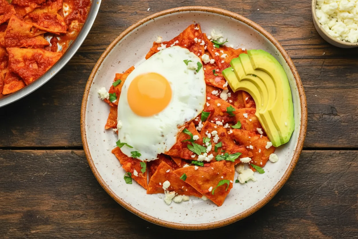 Um prato de chilaquiles coberto com um ovo frito, coentro, queijo fresco esfarelado e fatias de abacate