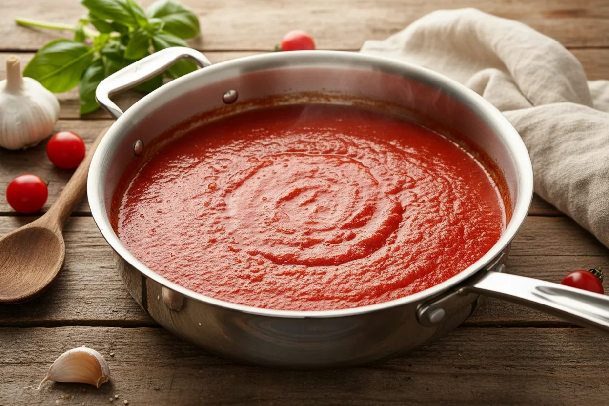 Uma panela com molho de tomate e chile fervendo