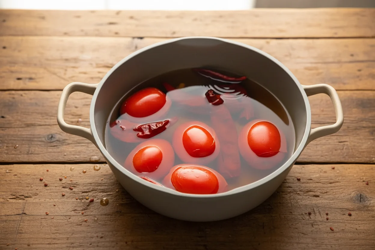 Uma panela com água e chiles guajillo, chile de arbol, tomates Roma e alho