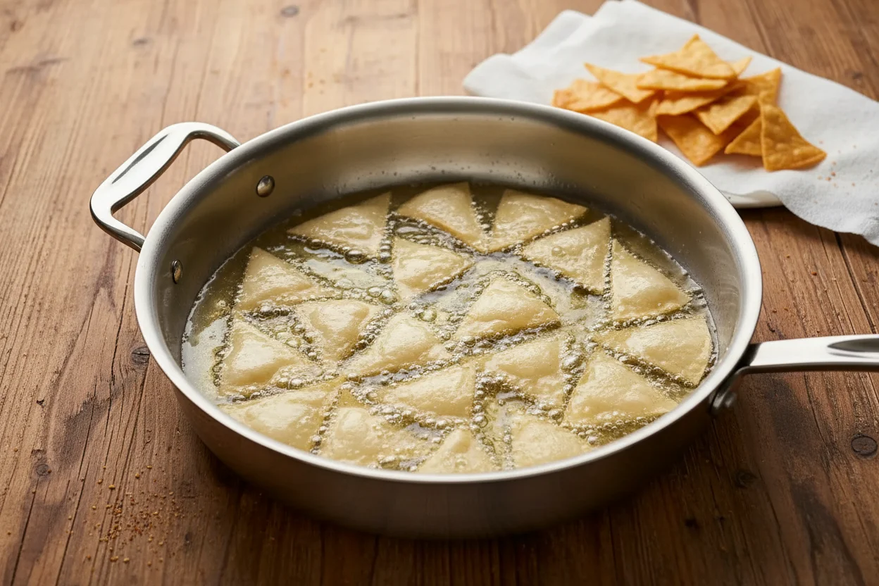 Triângulos de tortillas fritando em uma panela com óleo