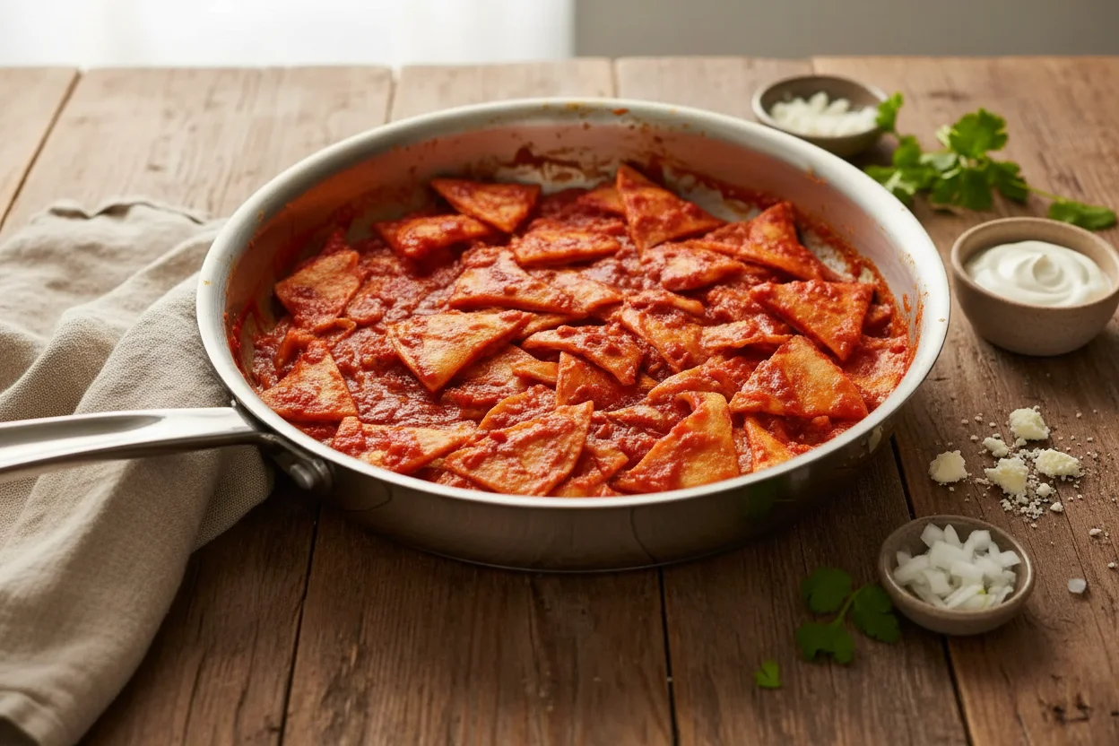 Uma panela de chips de tortilla fritos misturados em um molho de tomate e chile