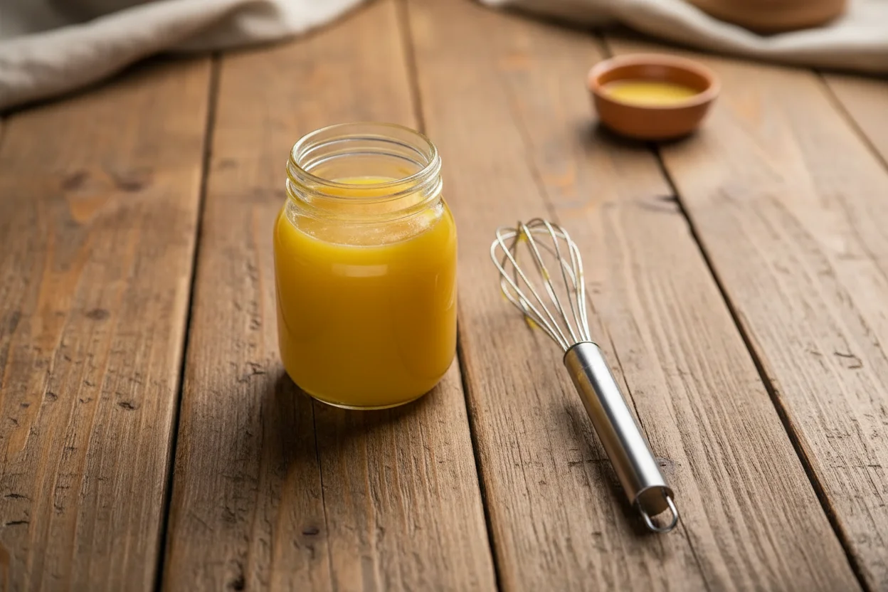 Lemon curd em um recipiente de vidro, ao lado de um batedor 