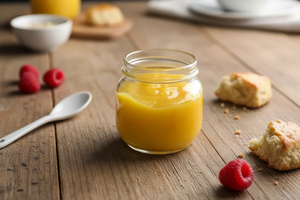 Instant Pot Lemon Curd em um recipiente de vidro 
