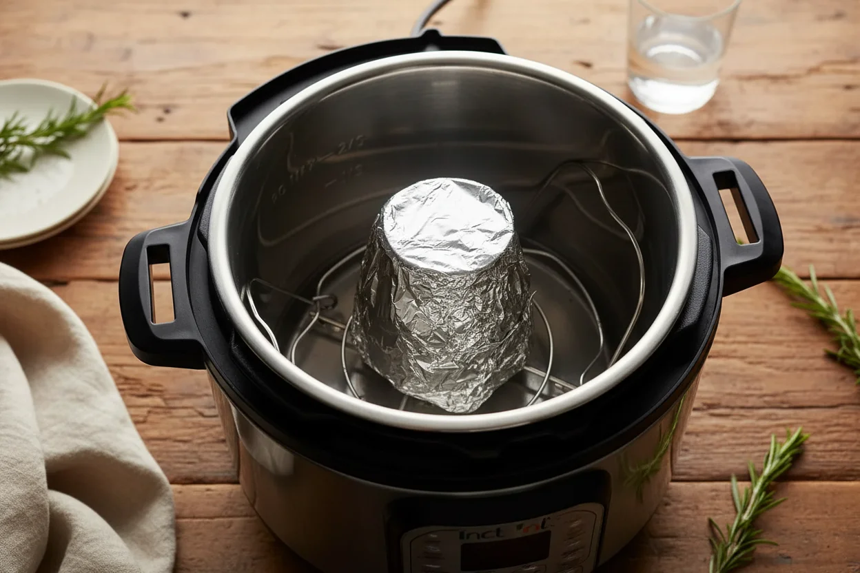 Recipiente de vidro com mistura de limão coberto com papel alumínio na Instant Pot