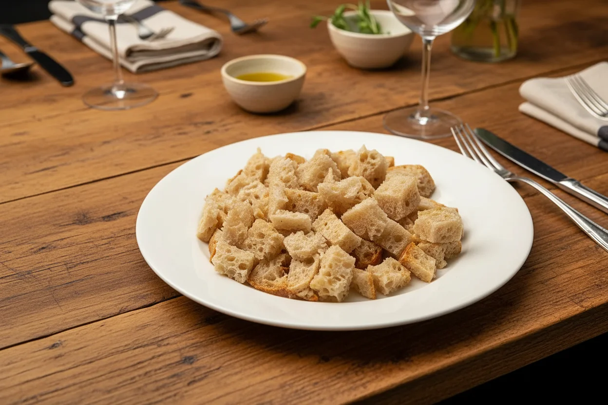 Cubos de pão em um prato