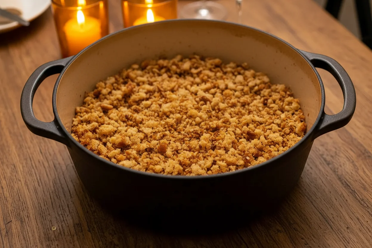 Migalhas de pão em uma panela no fogão