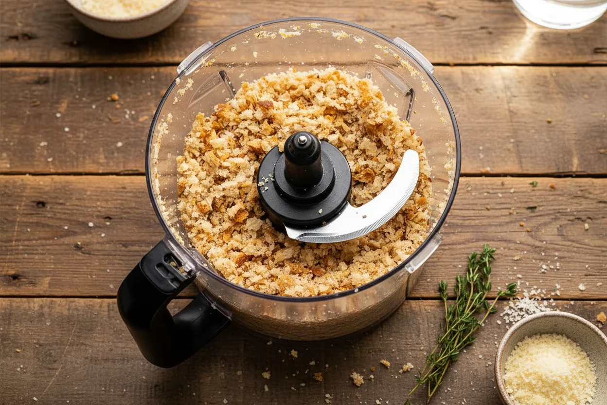 Cubos de pão, alho e sal kosher no processador de alimentos