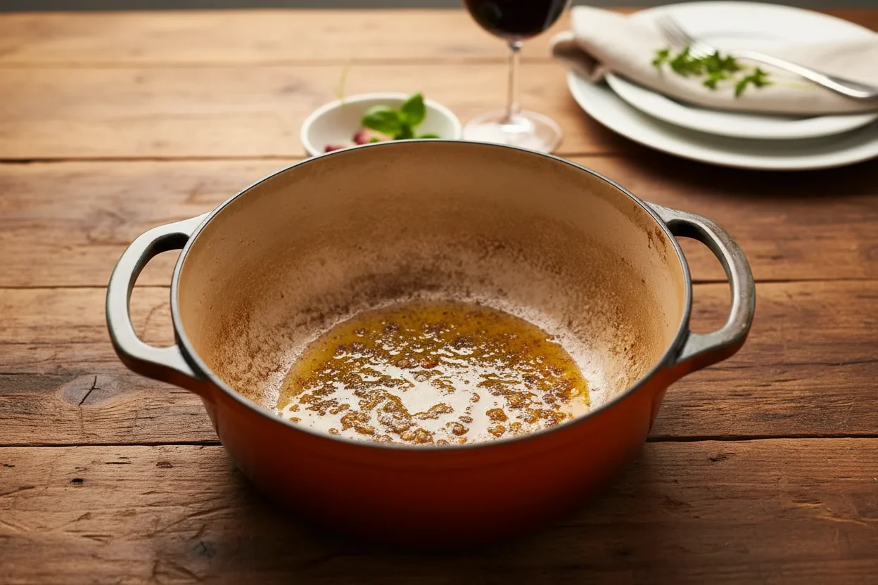 Anchovas e pimenta vermelha esmagada em uma panela no fogo