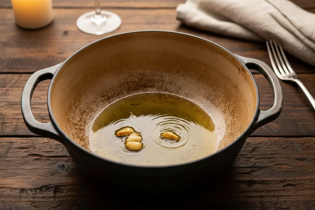 Alho em uma panela com óleo, no fogo