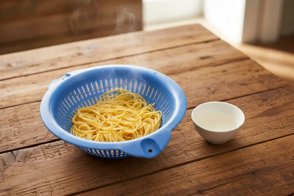 Massa em uma peneira e água da massa em uma tigela