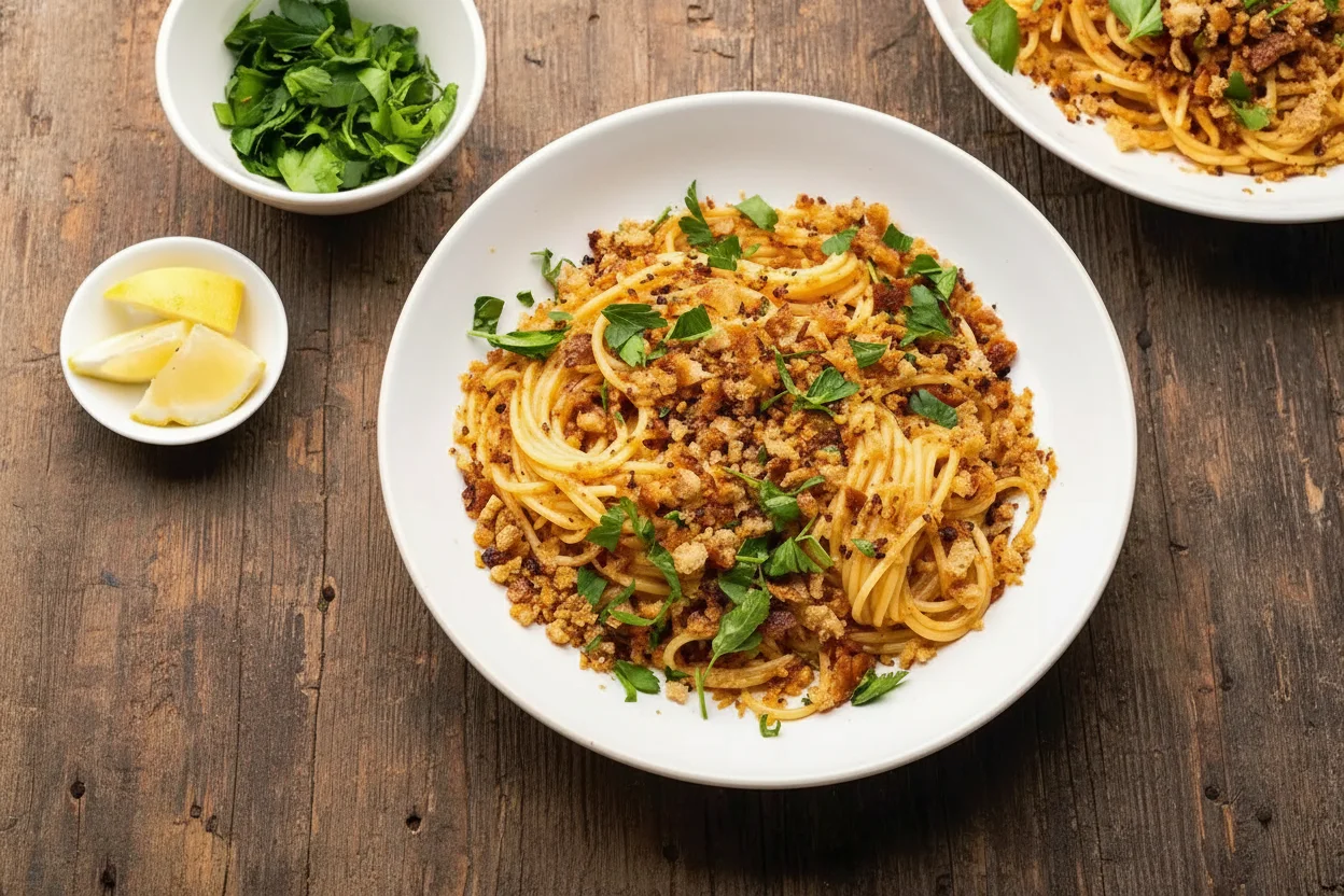 Pasta com Anchovas e Breadcrumbs em uma tigela, com pedaços de limão e ervas ao lado