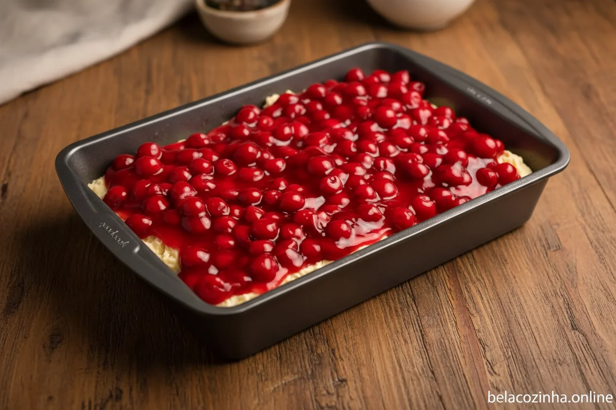 Recheio de cereja sobre a massa de bolo