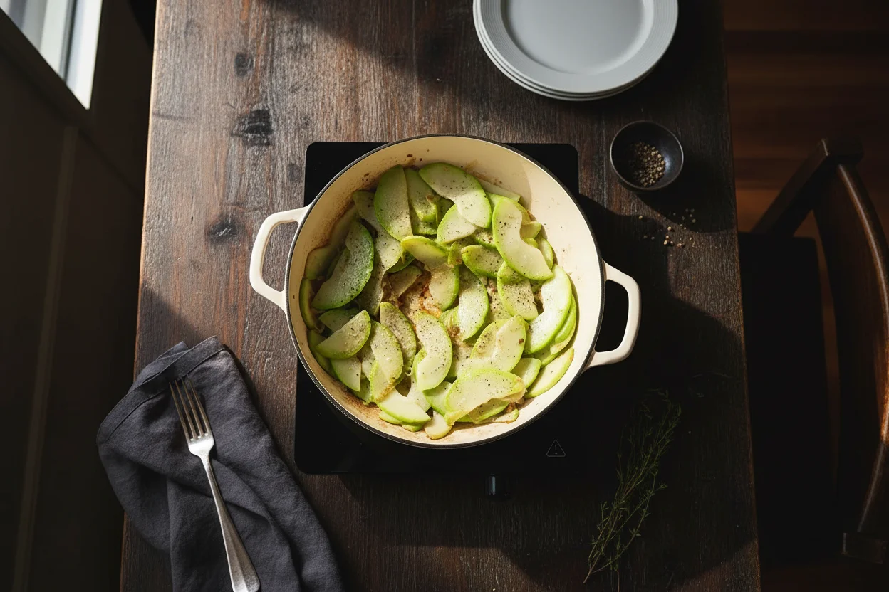 Panela com chuchu com alho e cebolas em um fogo