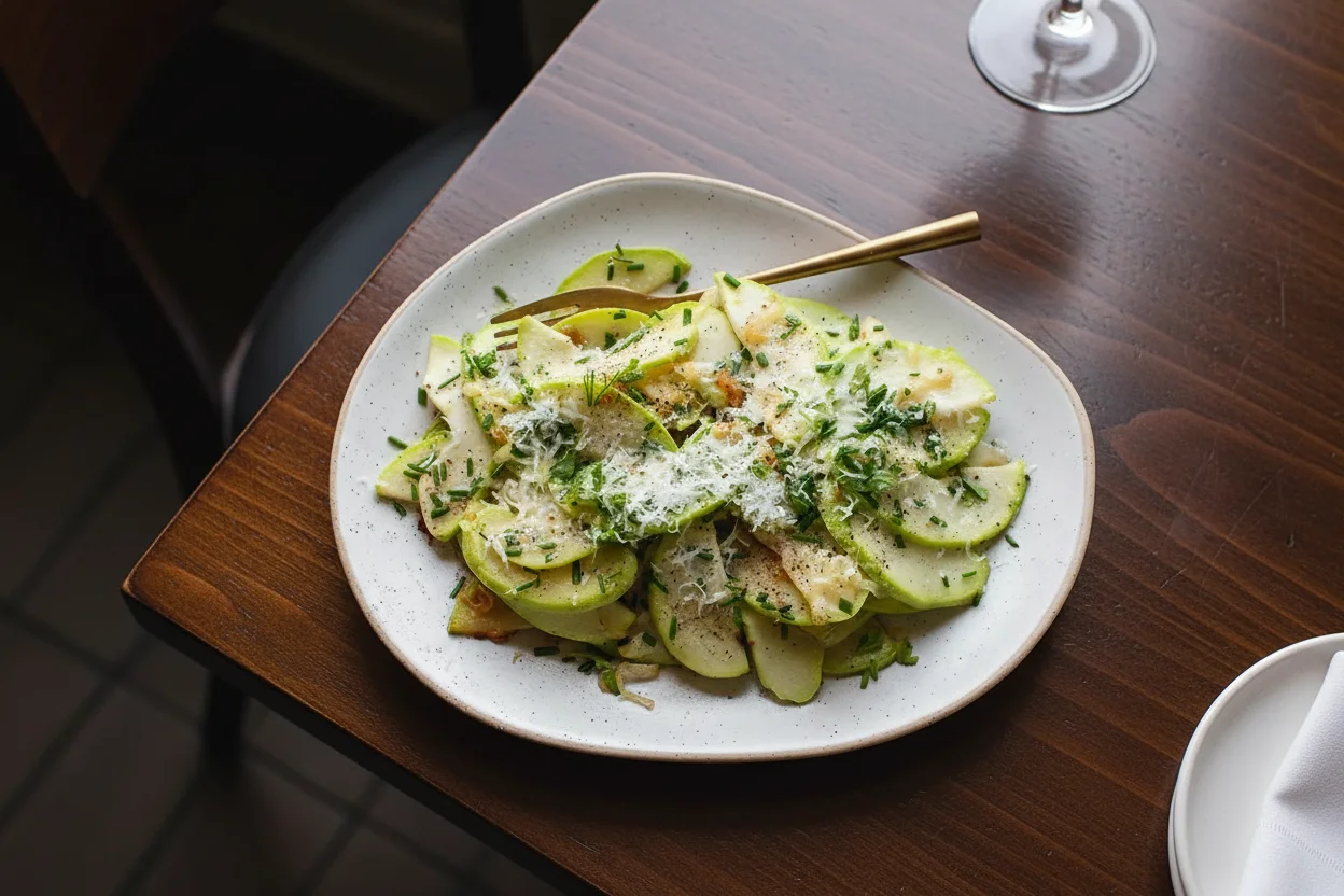 Chuchu refogado em um prato com um garfo