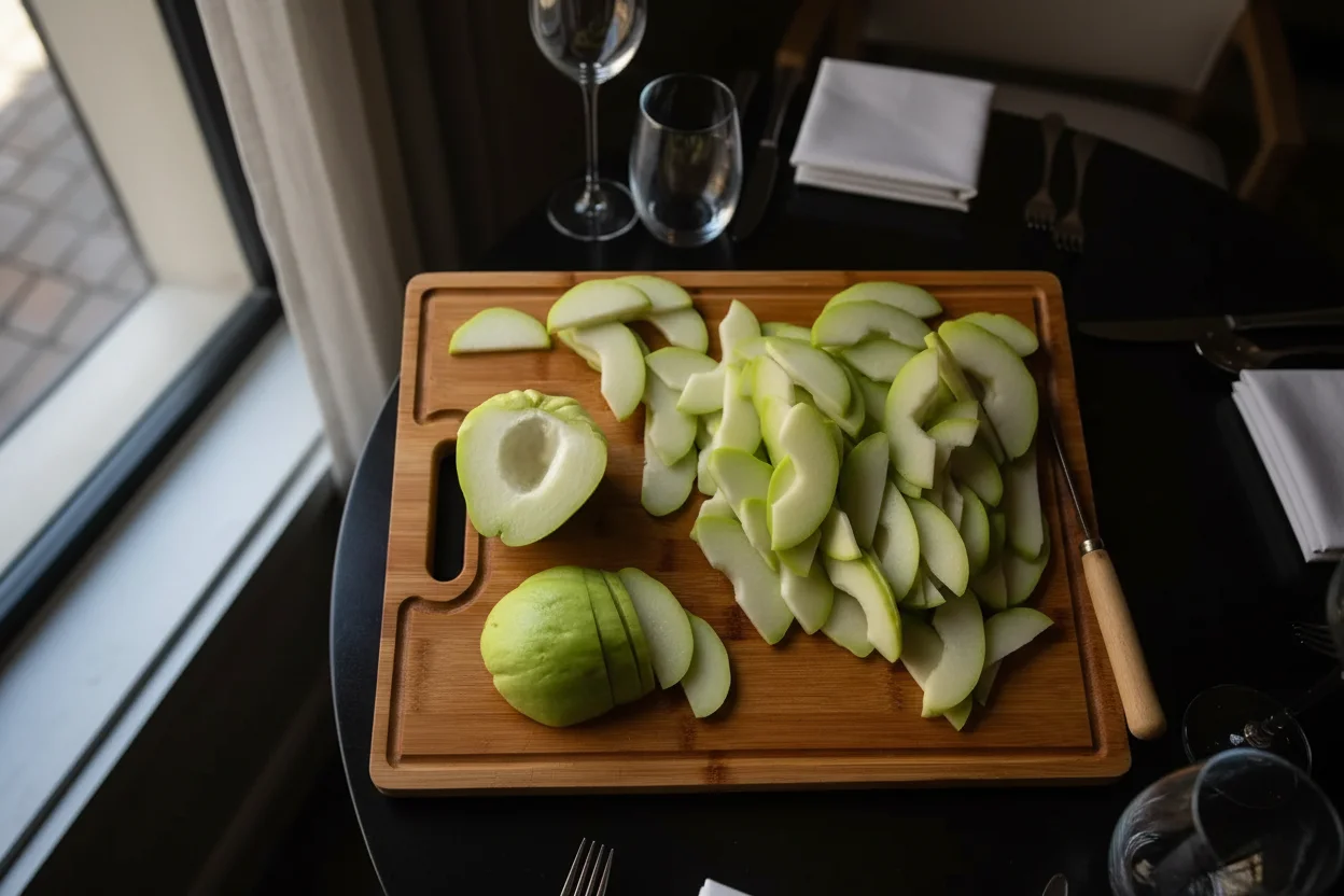 Fatiando chuchu em uma tábua de cortar