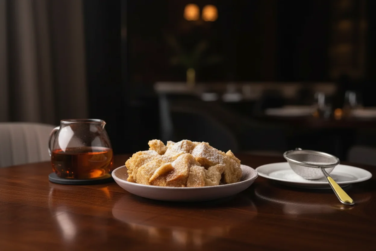 Prato de torrada francesa da panela de cozimento lento com açúcar de confeiteiro e xarope de bordo