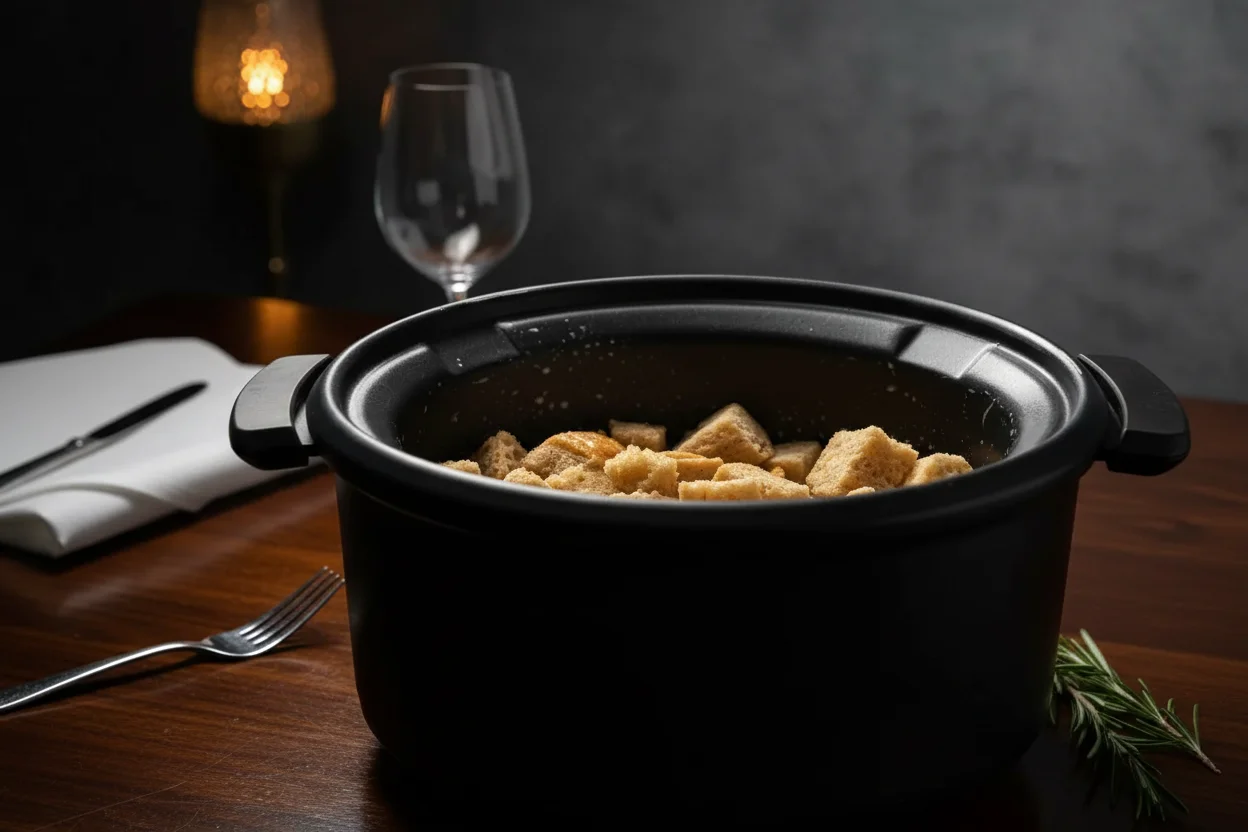 Mistura de ovos e açúcar despejada sobre o pão em cubos na panela de cozimento lento