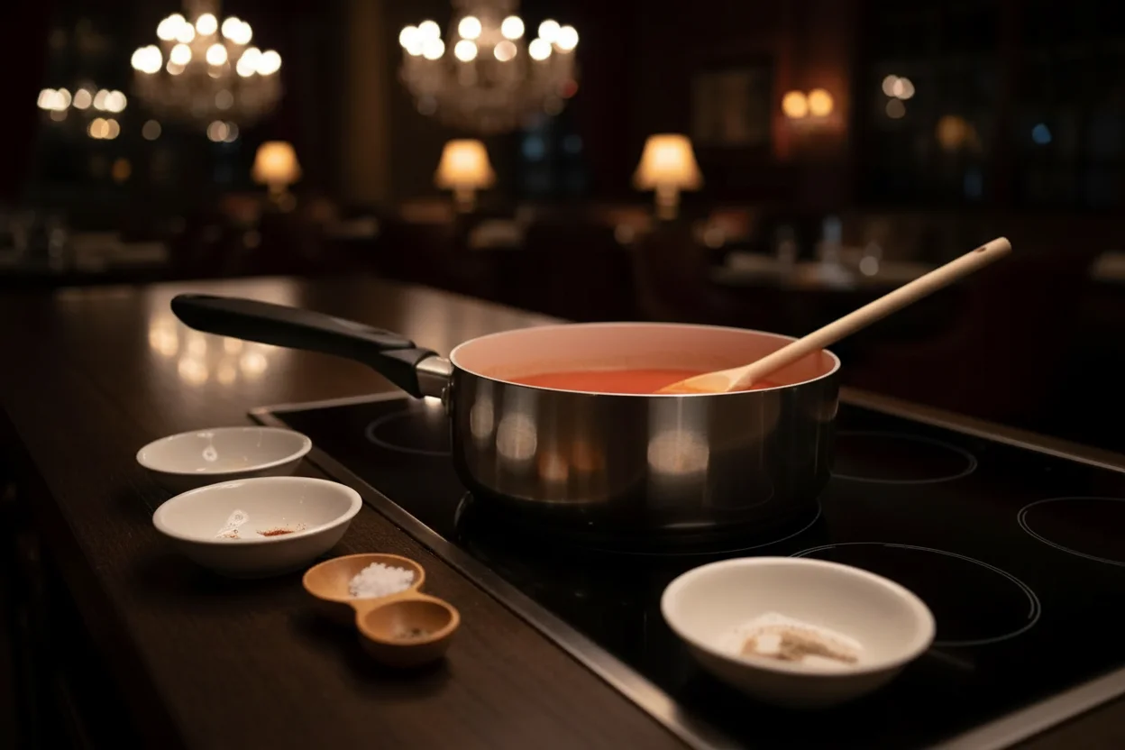 Suco de tomate temperado em uma panela