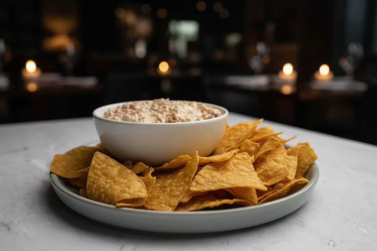 Molho de salsicha em uma tigela, servido com chips