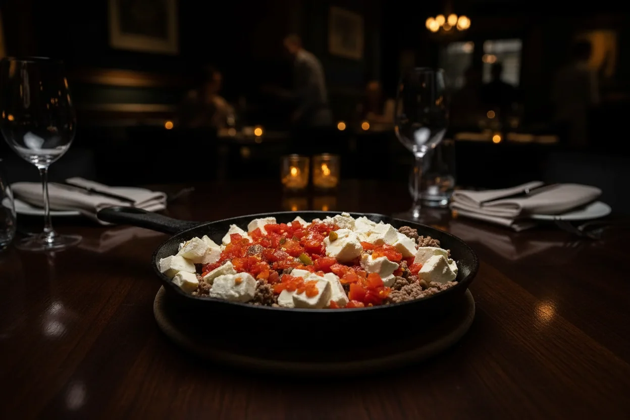 Salsicha com Rotel e creme cheese em uma frigideira de ferro fundido