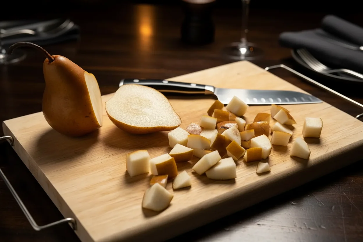 pera cortada em pedaços em uma tábua de corte