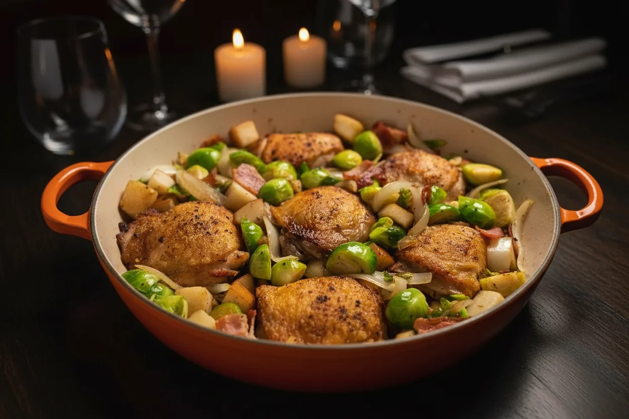 mistura de frango e couve de Bruxelas na frigideira