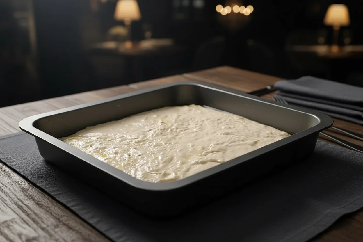 Massa da Focaccia em uma forma com óleo