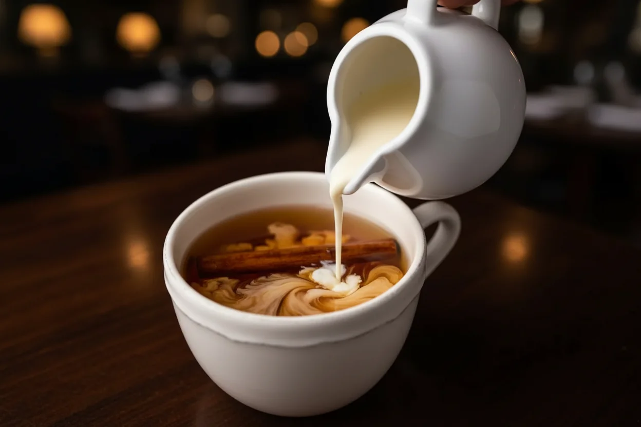 Adicione creme ao chá na xícara