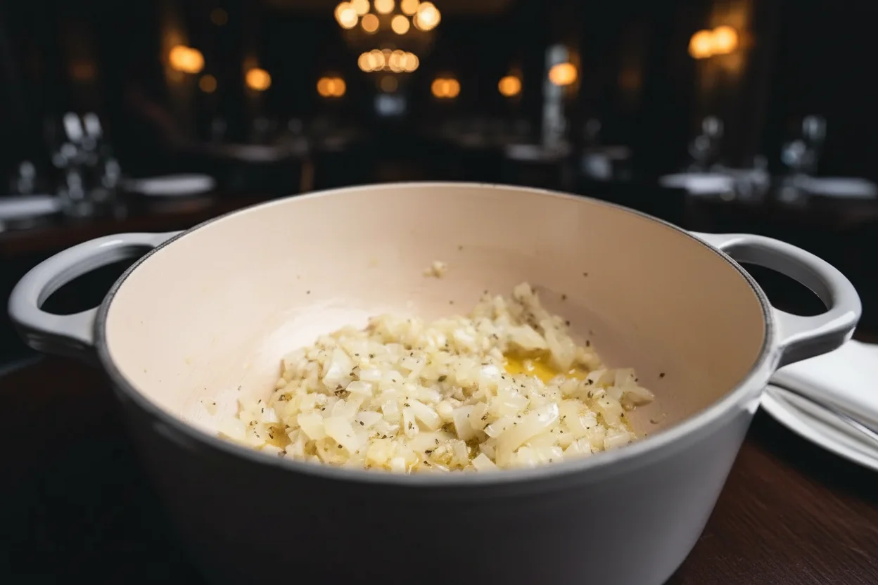 Cebolas, alho e sálvia cozinhando em uma panela