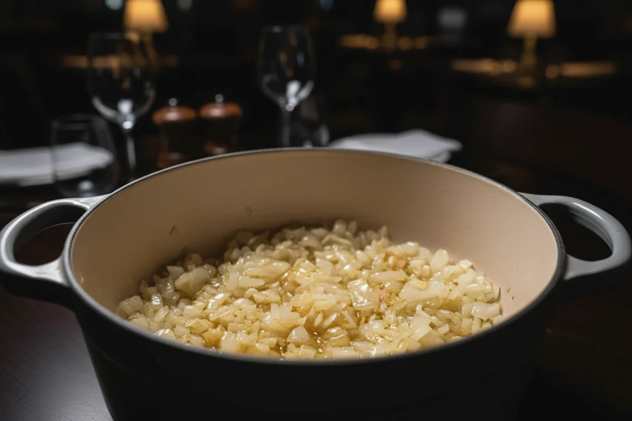 Cebola e alho cozinhando em uma panela