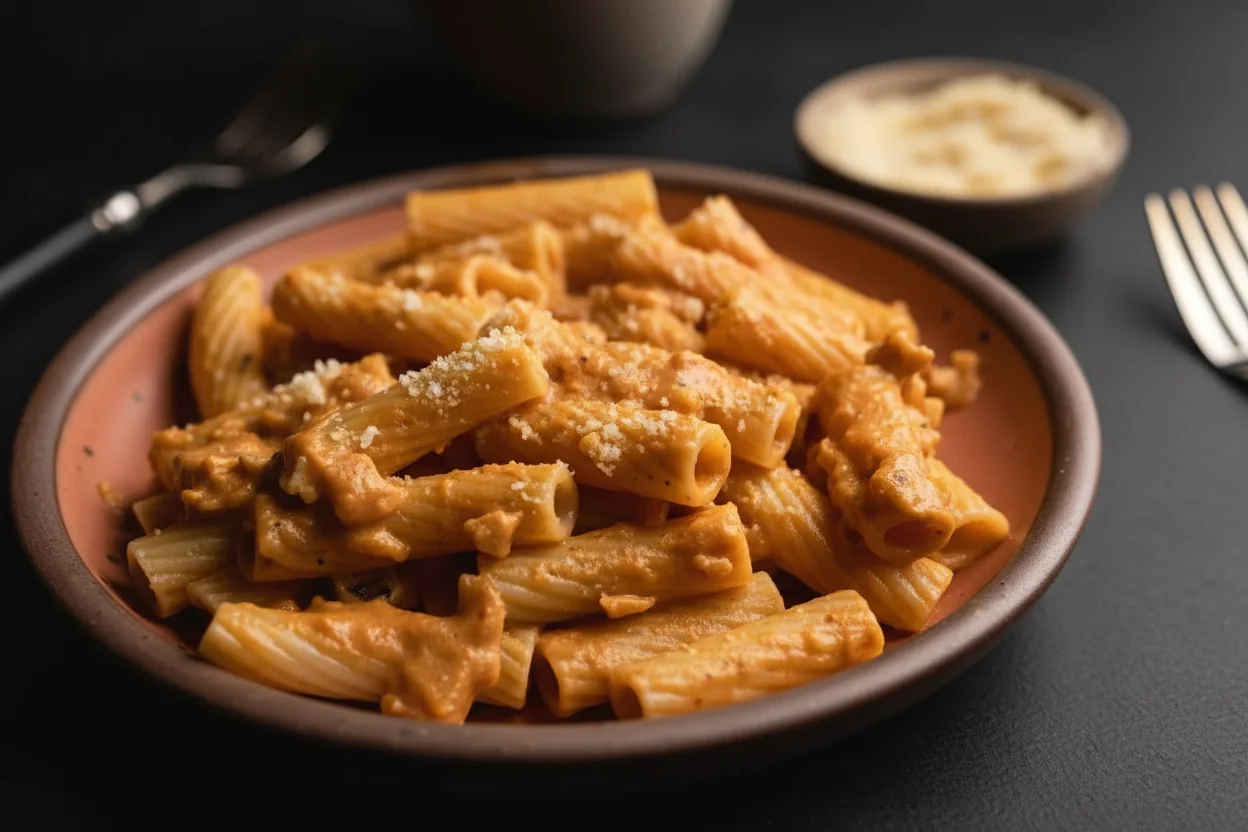 Molho de abóbora servido sobre a massa e polvilhada com queijo parmesão vegano