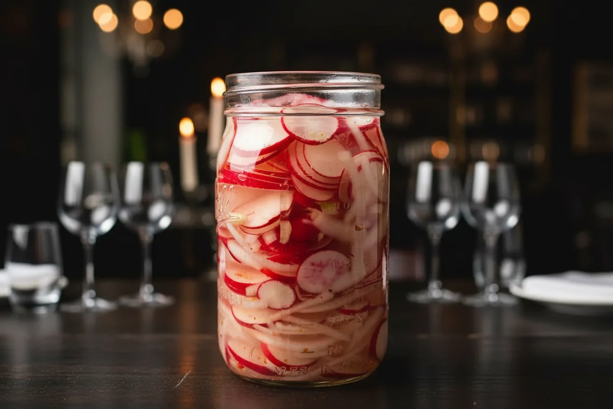 Mistura de rabanete e cebola em um jarro com salmoura