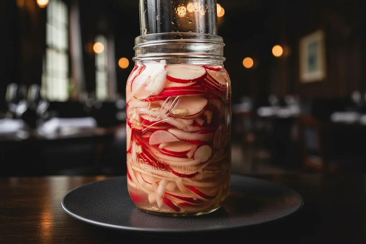 Rabanete fermentando em um jarro, com um jarro em cima