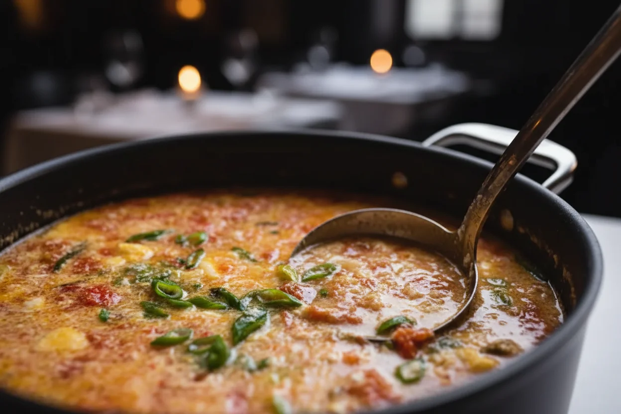 Sopa de ovo de tomate em uma panela