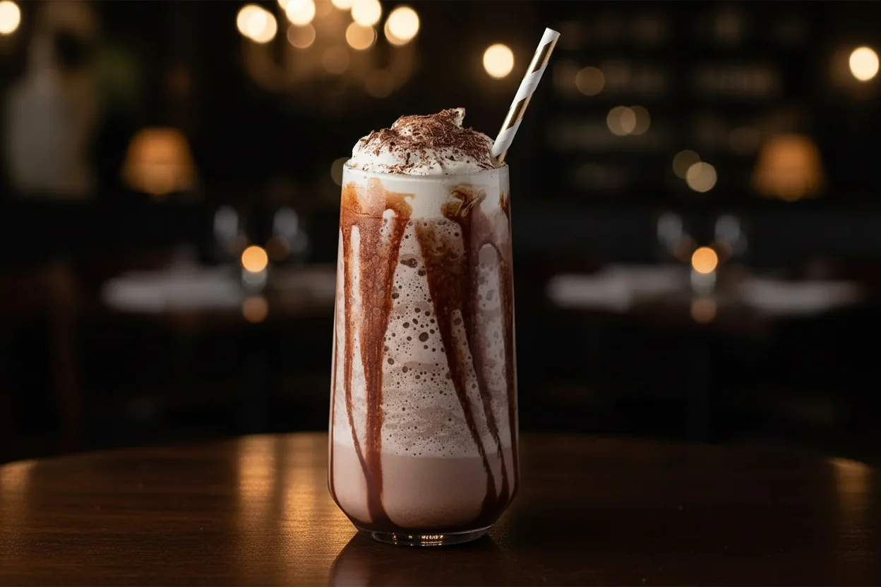 Chocolate quente congelado em um copo com um canudo