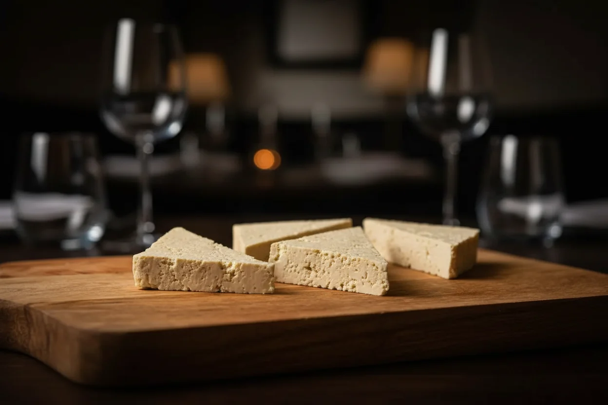 Tofu firme cortado em triângulos em uma tábua de corte