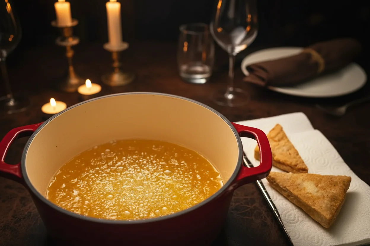 Fritando tofu em uma panela de óleo