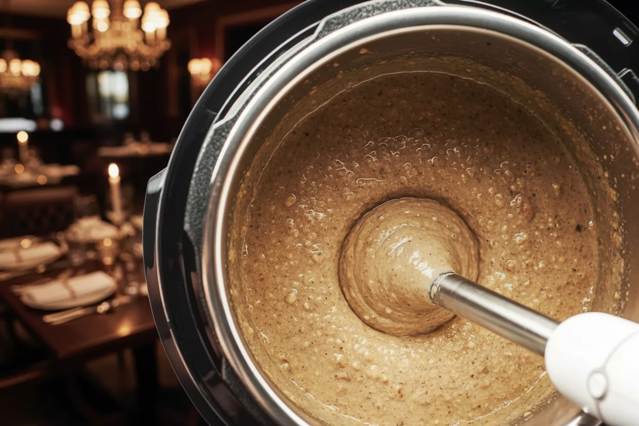 Purê de feijões pinto com um mixer de imersão