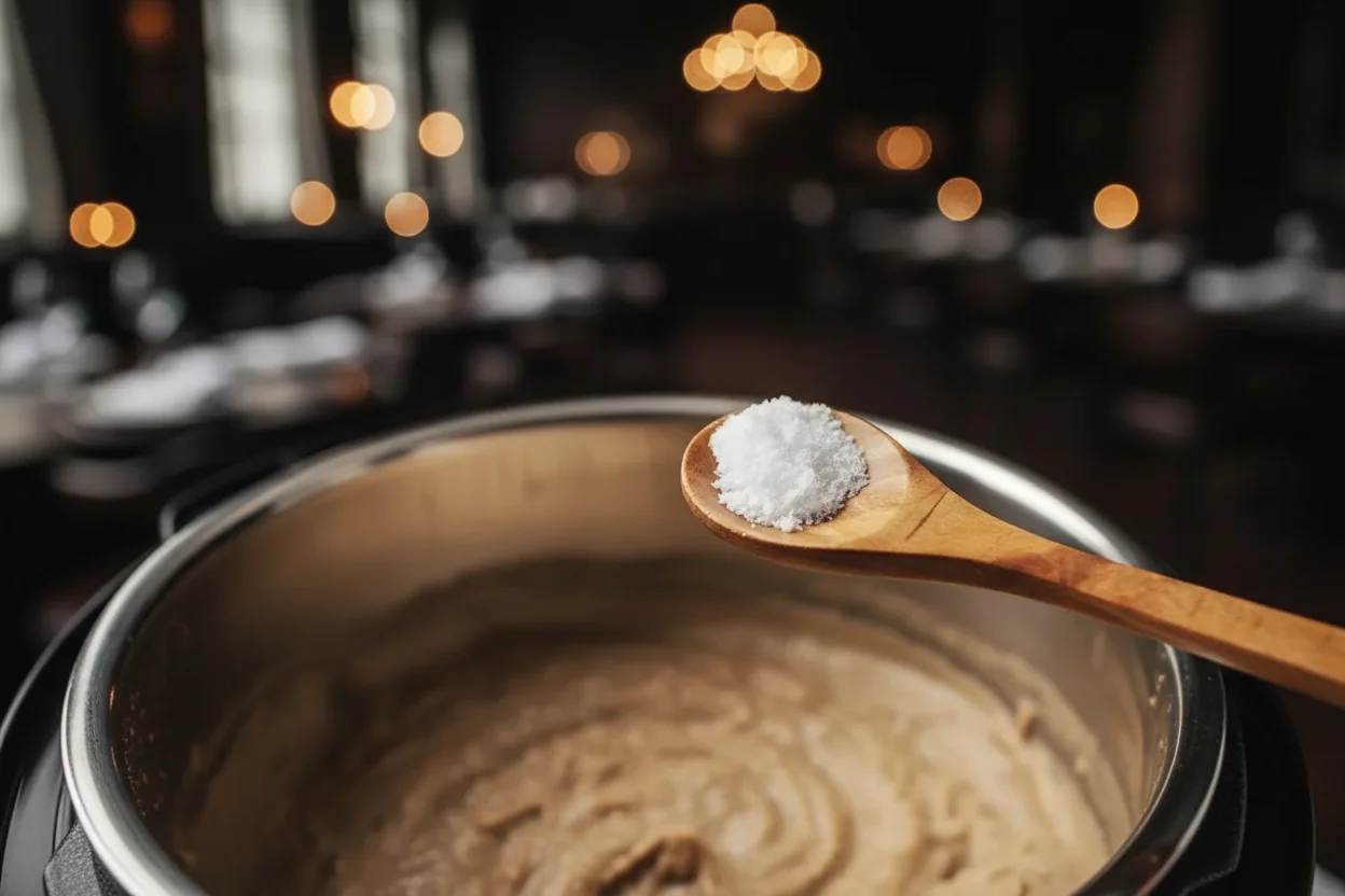 Sal em uma colher sobre feijão refrito na panela de pressão
