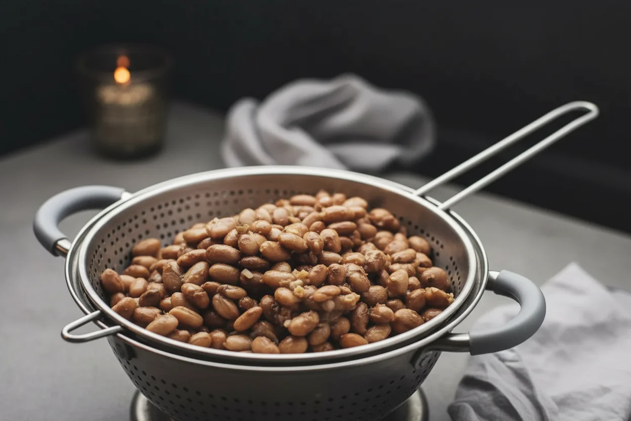 Feijões pinto escorrendo em uma peneira sobre uma tigela