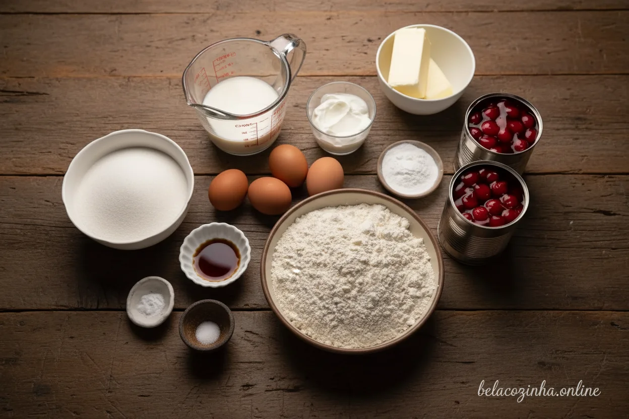 Ingredientes para fazer bolo de cereja