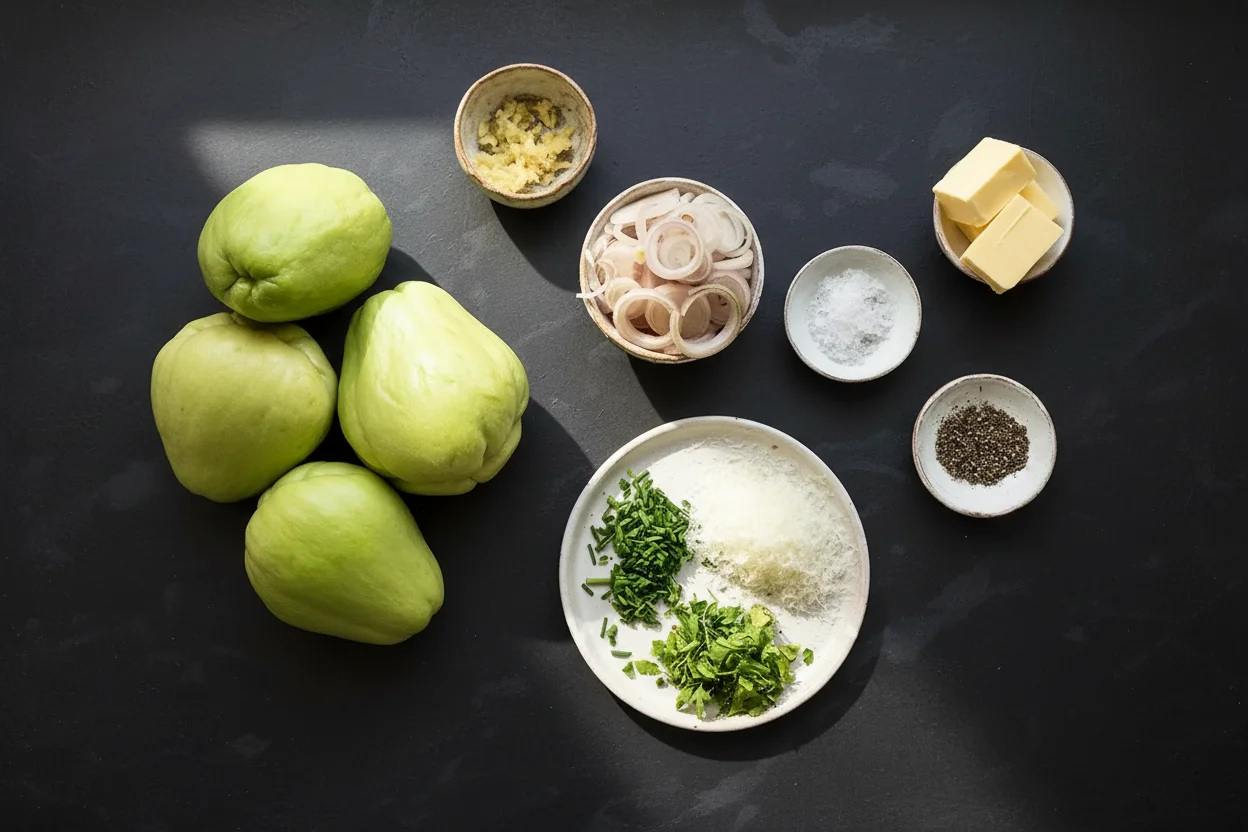 Ingredientes para o chuchu refogado reunidos