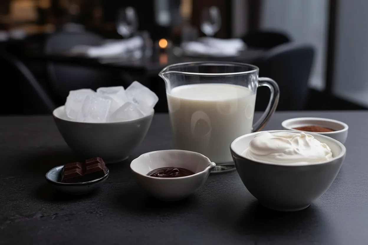 Ingredientes de chocolate quente congelado em tigelas e uma xícara medidora