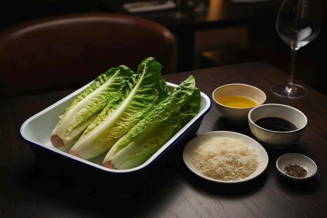 Alface romaine fresca, azeite, queijo parmesão e pimenta em uma mesa.