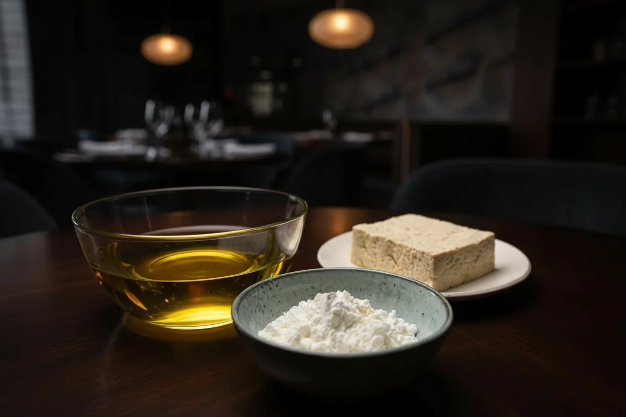 Ingredientes para a receita de tofu frito reunidos