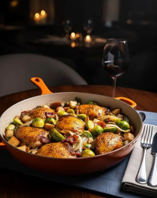 Coxas de Frango Assadas com Couve-de-Bruxelas e Peras