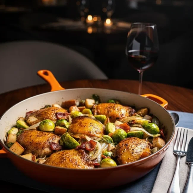 Coxas de Frango Assadas com Couve-de-Bruxelas e Peras